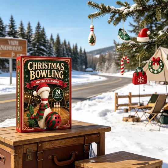 Christmas Countdown Gift Box Advent Calendar with 24 Acrylic Pendants, 2D Flat Bowling Theme Unique Gifts for Bowlers Hanging Ornaments Holiday