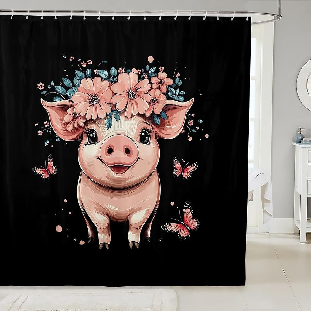 Boys Girls Pig Bath Curtain Cartoon Pigs Shower Curtain Kids Cute Farm Animal Bathroom Shower Curtain Set Butterfly Sunflower