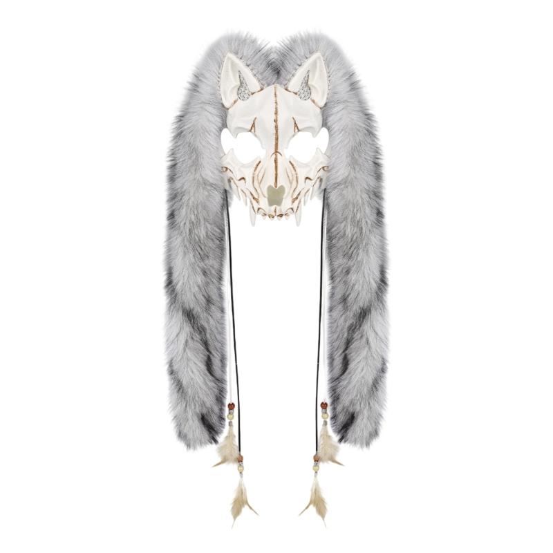 

Пухнаста маска вовка зі штучного хутра, маска лисиці вікінгів, головний убір вендіго на Хелловін, костюм перевертня, косплей варвара для вечірки темно-сірий колір