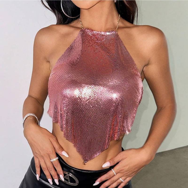 Metallic Sequin Crop Top For Women With Halter Neck Streetwear