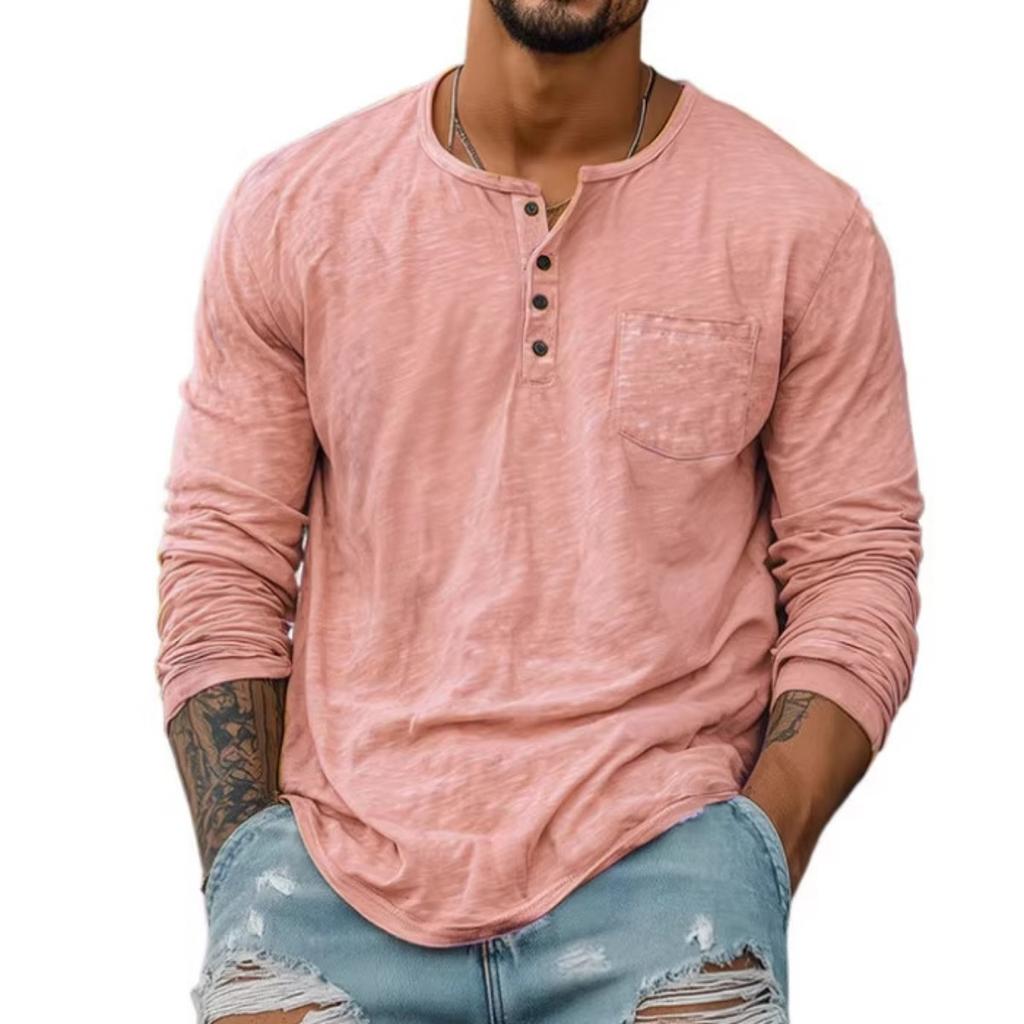 Men's Henley Long Sleeve T-Shirt Spring Summer Casual Loose Solid Color Top