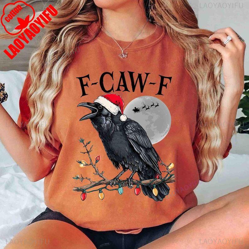 Funny Crow Christmas TShirt Merry FCawF Merry Christmas with Santa Hat Raven Pattern Leisure Loose Popular Gift Clothing S
