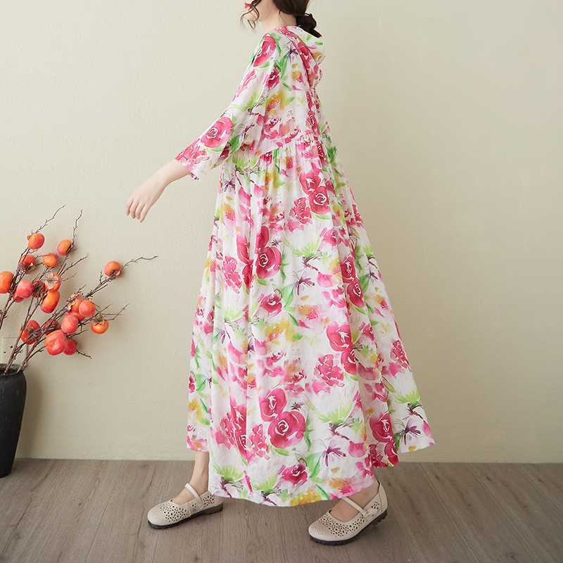 Ladies' Retro Gentle Wind and Cloud Brocade Cotton and Hemp Hooded Dress