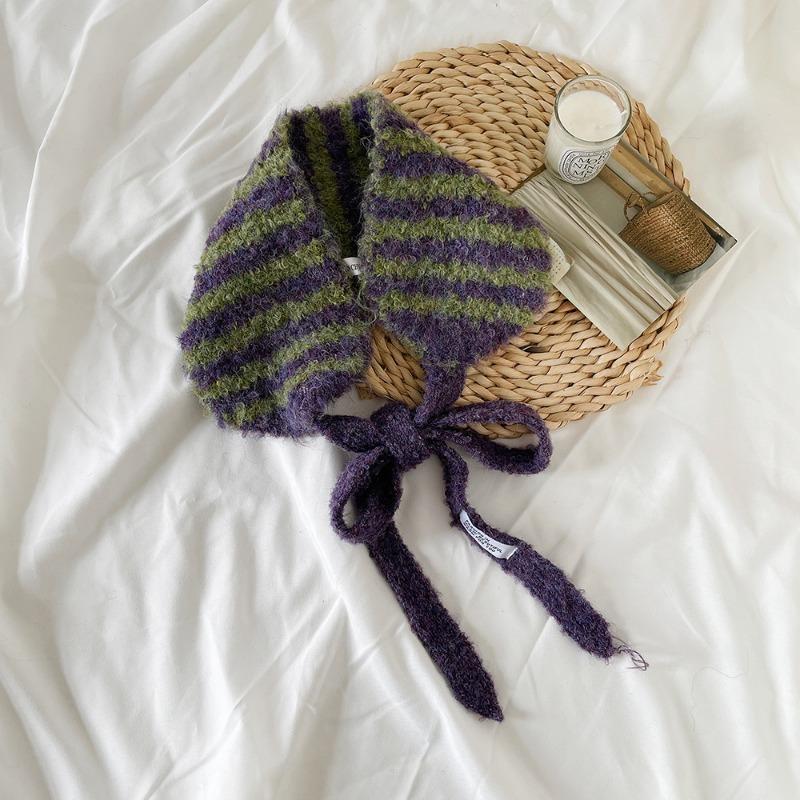 Winter knitted wool small ear scarf women's new high-end stripes slack with scarf