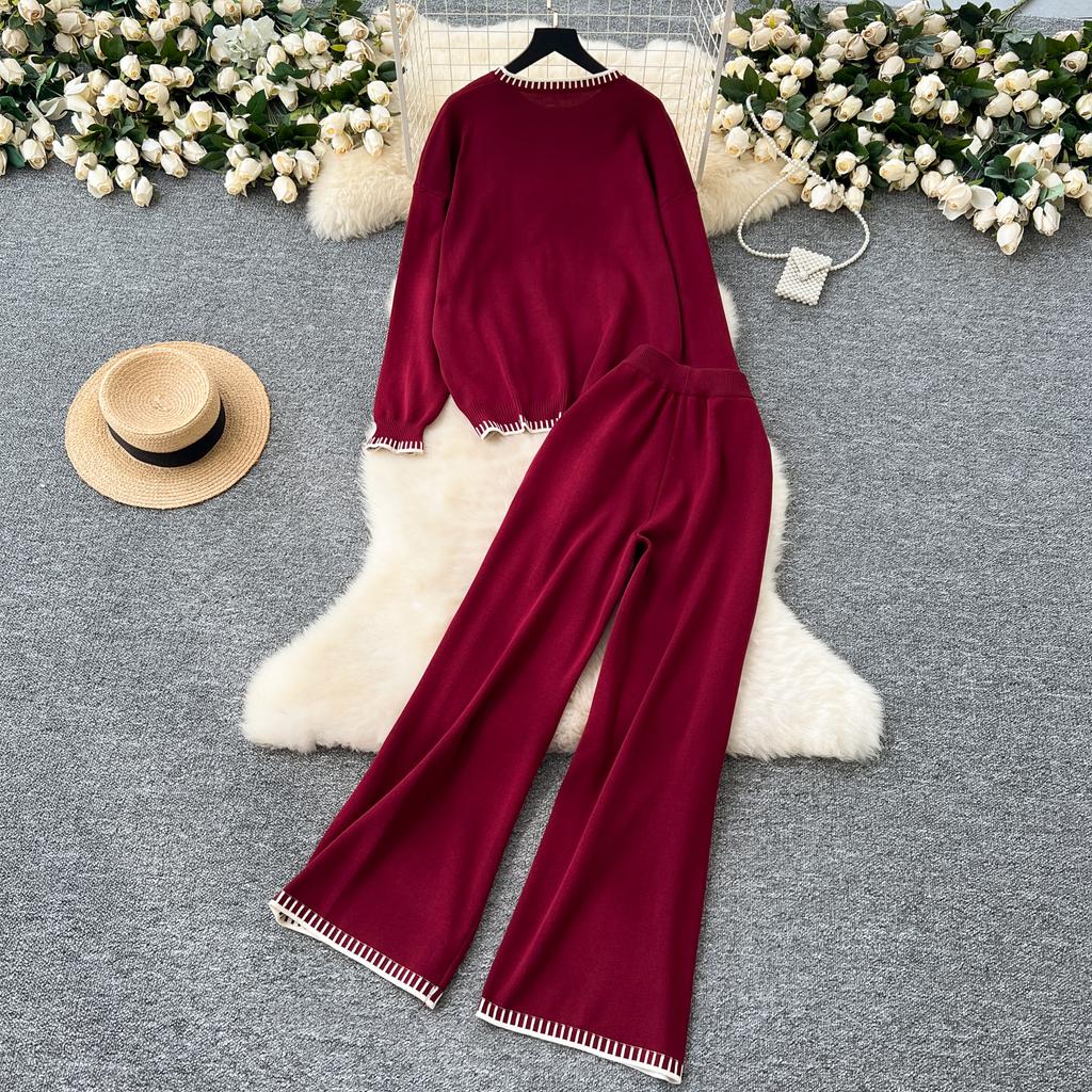 Conjunto de dos piezas de punto para otoño e invierno, suéter de manga larga con cuello redondo para mujer y pantalones ajustados de cintura alta y pierna ancha, chándales casuales