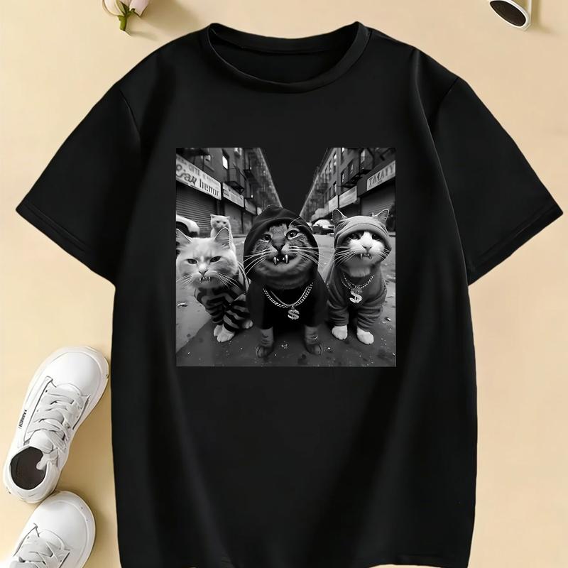 2026 Streetwear Hip Hop Cat Cartoon Design Print T Shirts Kids Children's T-shirt Casual Boys Girls Summer Spring Casual Top Tee