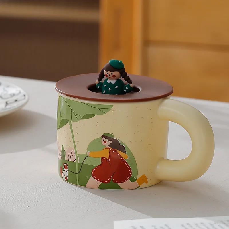 Retro Cartoon Ceramic Mug Ceramics Espresso Cup High-looking With Lid Mug for Coffee Creativity Personalized Gift Teaware Cafes