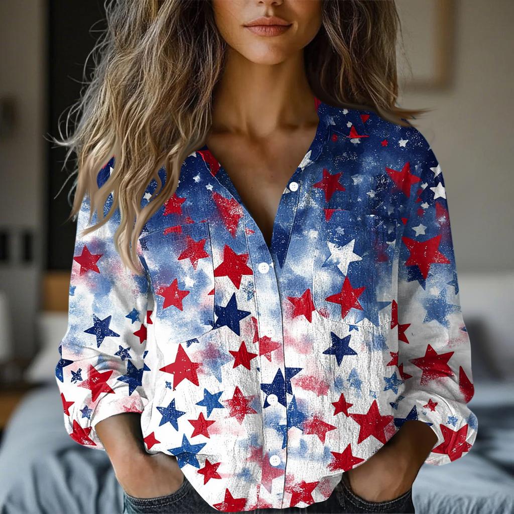 Women's Fashion Button Lapel Pocket Casual Shirt Independence Day Long Sleeve Top