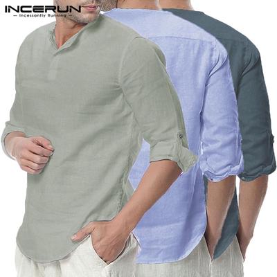 Mens Casual Linen Shirt Tronet Summer Mens Casual Striped Stand Collar 7 Points Sleeve Button Cotton Shirt Top