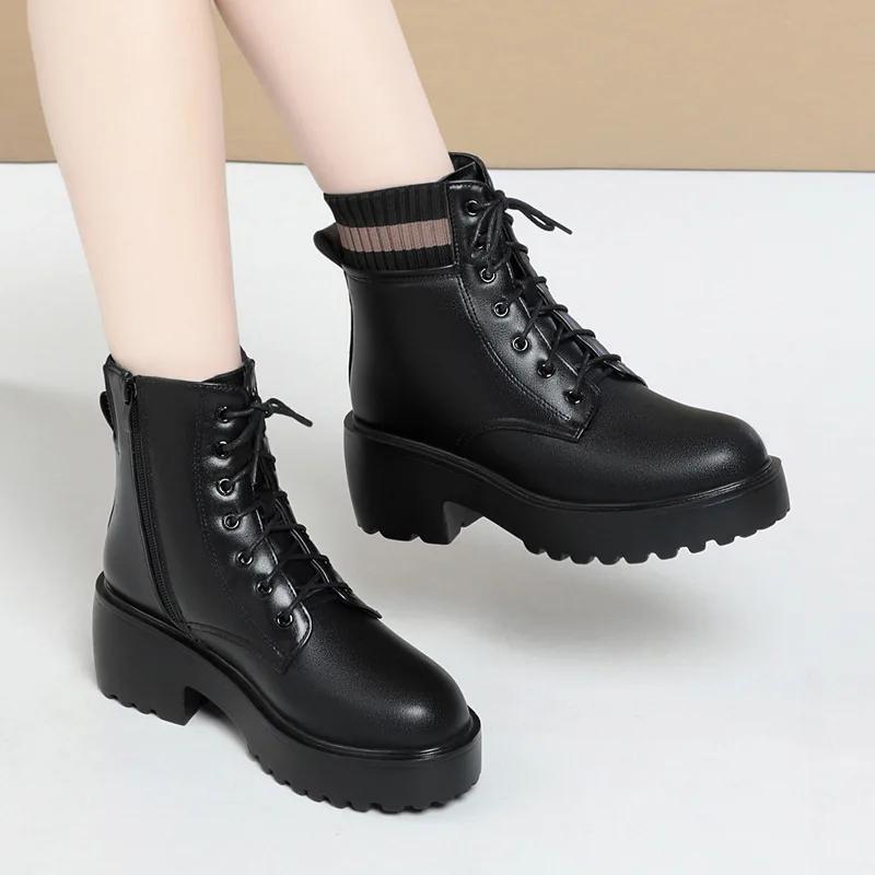 Fashion Top Quality 6CM Women's Chelsea Boots Large Size New Genuine Leather Women Winter Shoes Boots Wool British Style Mid Boots Women