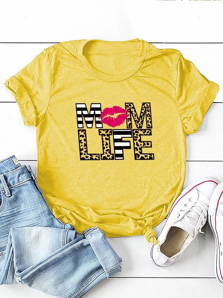 Red Lip Mom Life Leopard Print Women T Shirt Short Sleeve O Neck Loose Women Tshirt Ladies Tee Shirt Tops Camisetas Mujer