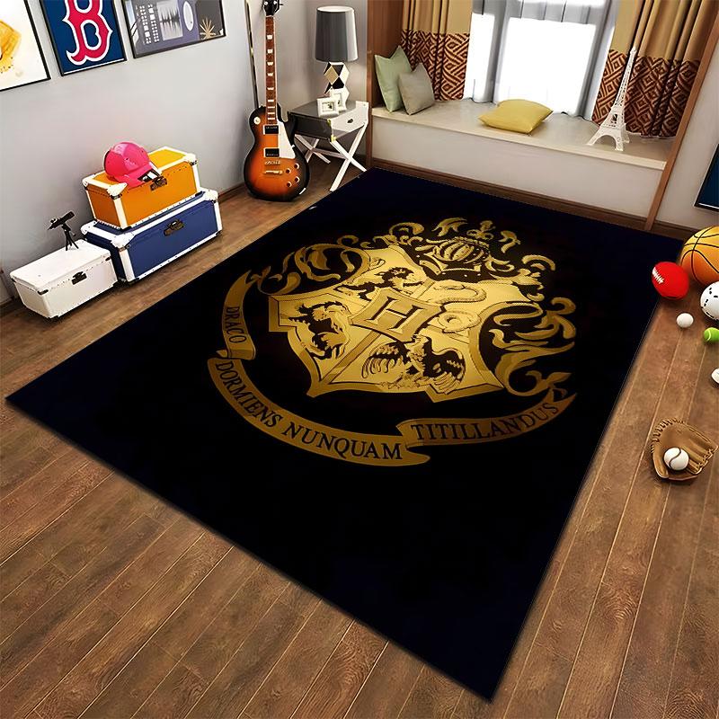 Harry Potter Gold Hogwarts Crest on Black Detail Rug, Detailed Gold Crest Style Design, Cozy Fan Rug Decor, Soft Touch, and All Seasons Gift