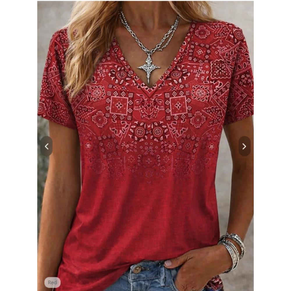 Women Summer T Shirt Vintage Pattern Print Short Sleeve Tees Casual Printed Tops