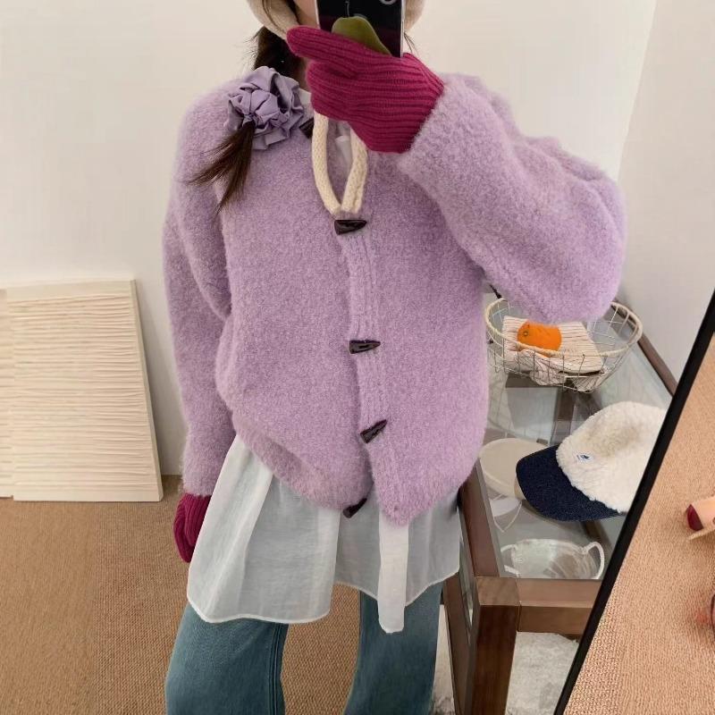 Circle yarn sweater jacket women's autumn and winter new lazy style loose retro horn buckle knitted cardigan