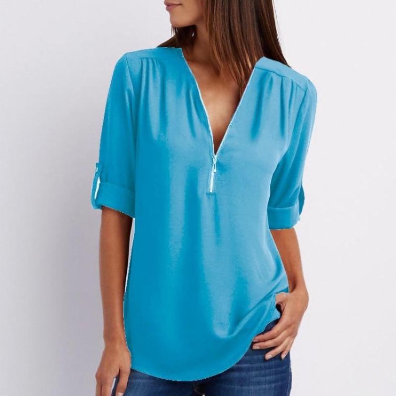 Camicia a maniche lunghe in chiffon con scollo a V e cerniera, taglie forti, da donna, con maniche regolabili