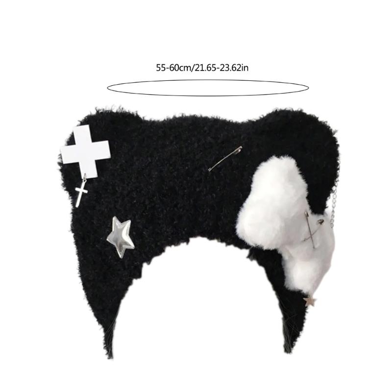 Bear Ear Knitted Hat Punk Crossed Winter Hat Soft Furry Knitted Snow Hat for Women Outdoor Activity Travel