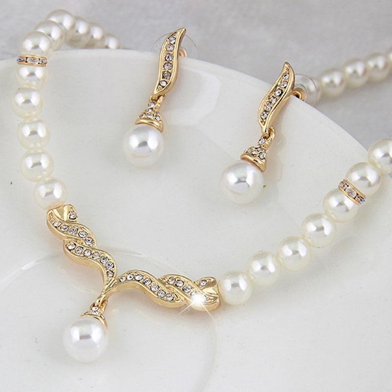 Creatieve Gouden Ketting + 1 Paar Oorbellen Bruiloft Bruids Parel Sieraden Set Voor Vrouwen Dame Vrouwelijk