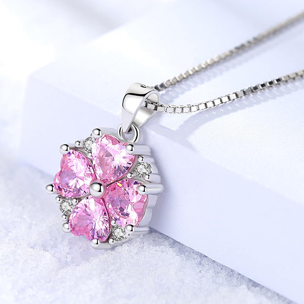 925 Silver Fashion Temperament Zircon Lucky Heart Pink Diamond Zircon Necklace