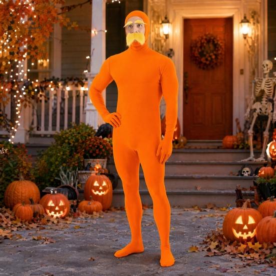 Xiaobudian Face Open Halloween Costume, Unisex Full Body Orange Bodysuit with Beard Eyebrows for Men Women, Adult Stretchy Cosplay Jumpsuit Party