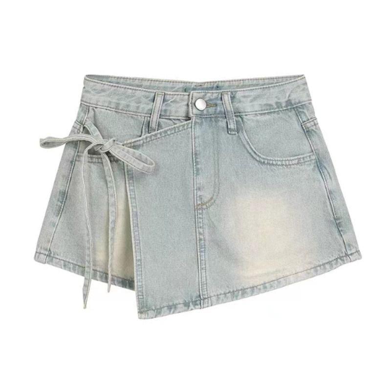 Spicy Girl High-Waisted Lace-Up A-Line Denim Shorts Skirt - Trendy & Versatile for Women