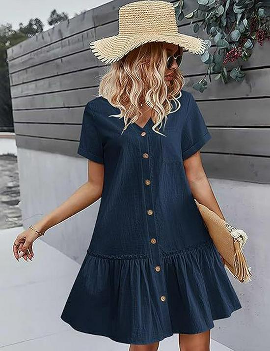 Women's Summer 2025 Casual Ruffle Hem Pocket Dress with Short Sleeves