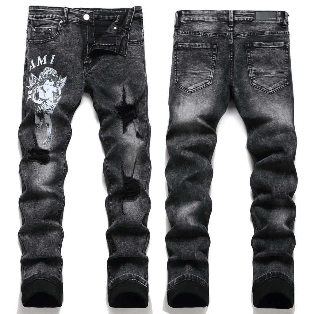 Schmale Stretch Schwarze Used Look Tägliche Bedruckte Graffiti Trendige Jugend Denim Jeans 3389