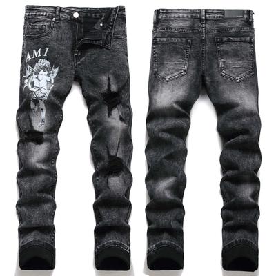 Slim Stretch Black Distressed Daily Printed Graffiti Trendy Youth Denim Jeans 3389