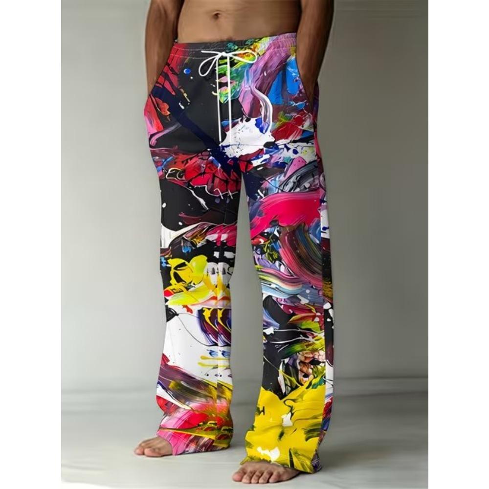 Men's 3D Geometric Pattern Printed Baggy Casual Trousers,  Elastic Drawstring Waist with Pockets, for Spring Summer Home Outdoor Vacation