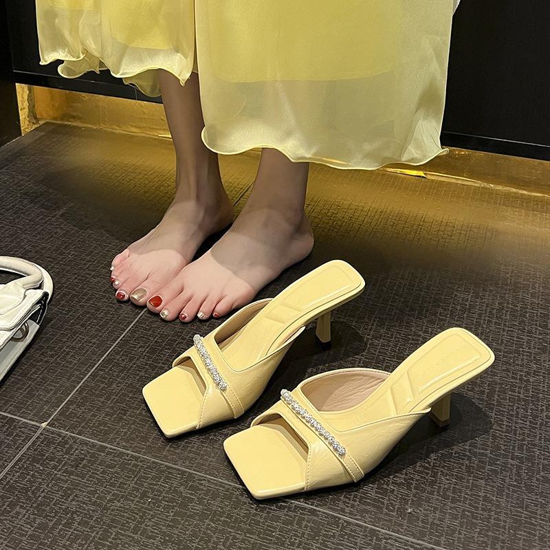 Silberweiße Fee~ Schlichte Strass-Temperament Zehenfreie High-Heel Cool Pantoletten Damen tragen dünne Absätze