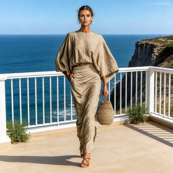 Summer 2 Piece Skirt Sets for Women Batwing Long Sleeve Top