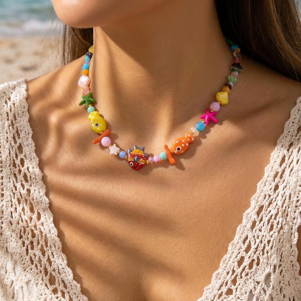 Bohemia Colorful Ceramic Clown Fish Beaded Necklaces for Women Handmade Irregular Gravel Chain Choker Necklace Summer Jewelry