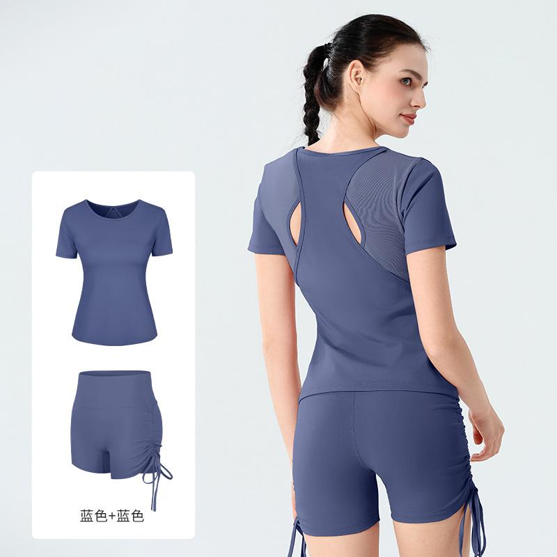 European and American spring and summer mesh splicing yoga suit women's short-sleeved tight fitness suit breathable quick-drying sportswear