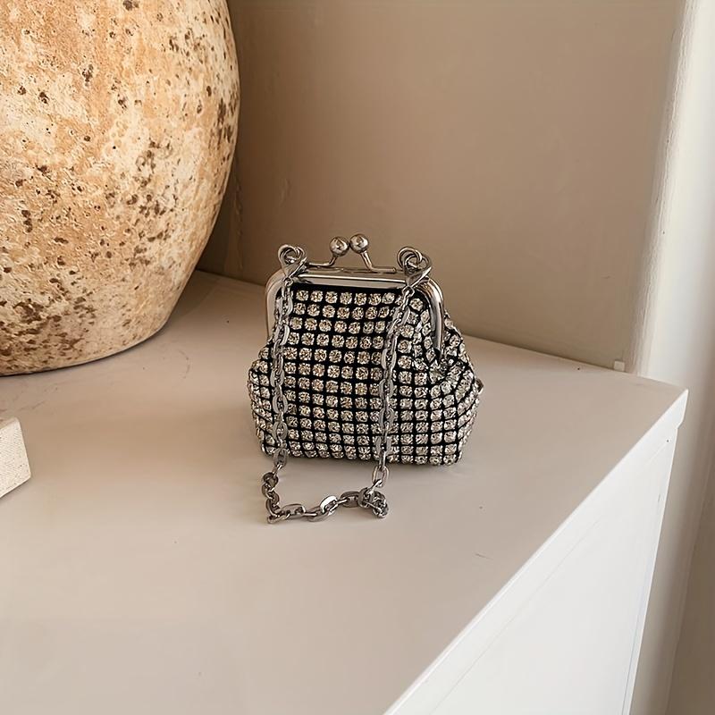 Trendy Mini Rhinestone Kiss Lock Crossbody Bag For Girls Cute Punk Evening Shoulder Purse With Detachable Metal Chain Strap Ideal For Parties Outings