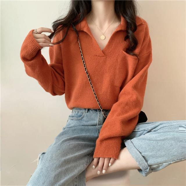 Women's Autumn Korean Style Loose Short Lapel Knit Sweater Long Sleeve Pullover for Students Suitable for Outer Wear or Inner Wear