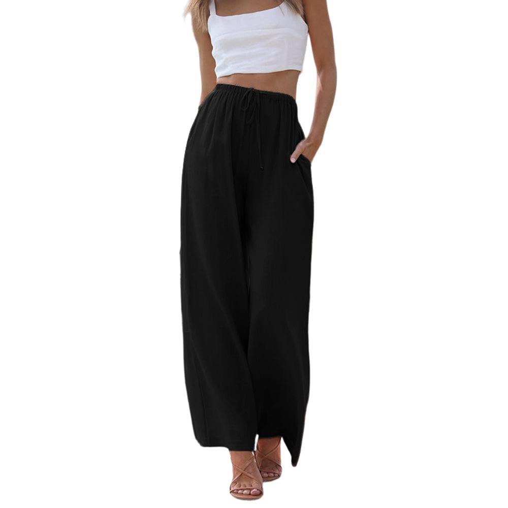 Womens Solid Color High Waist Loose Wide Leg Cotton Linen Long Pants S чёрный