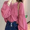 Autumn Vintage Lantern Sleeve White Chiffon Shirt Women Fashion New Elegant Loose Blouse Women Button Up Round Neck Female Blouses 24586