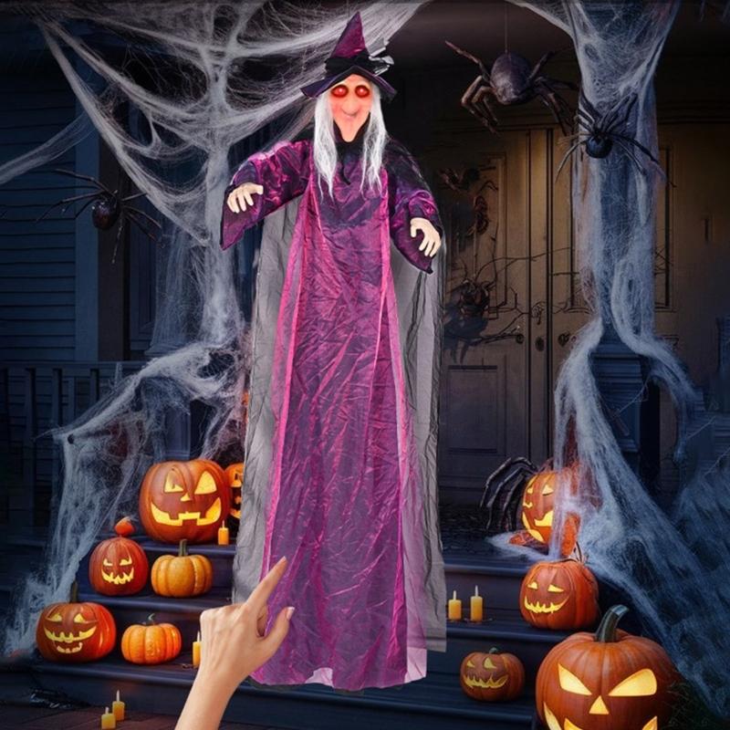 Sound Activated Halloween Witch Ornament with Illuminated Eyes Portable Hanging Decoration for Haunting Celebration
