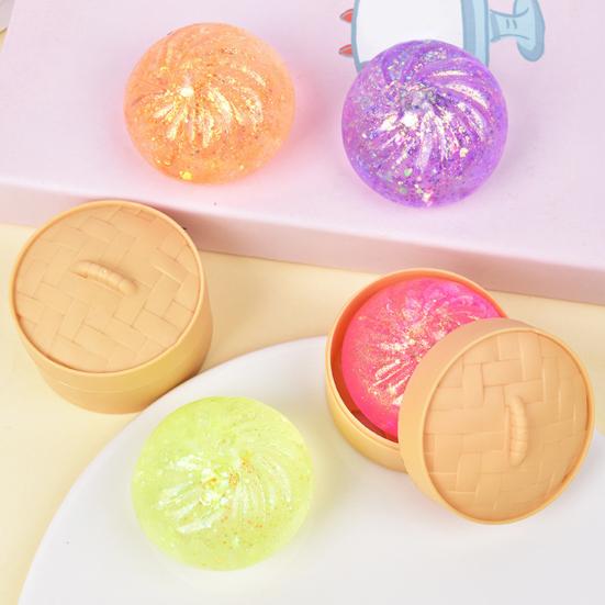 12Pcs Stress Relief Dumpling Squeeze Toy with Steamer Clear Glitter Steamed Bun Sensory Toy