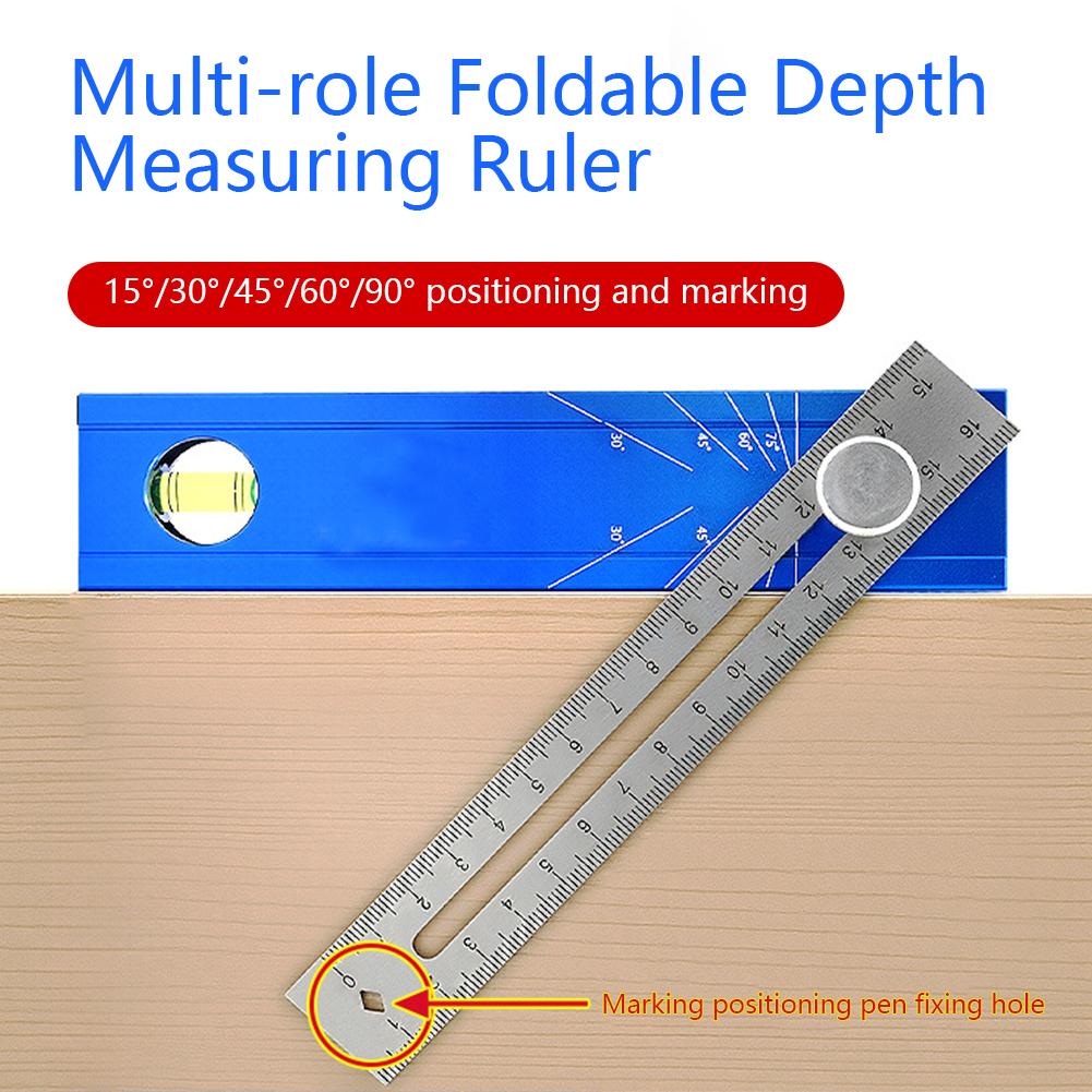 Multi-Angle Woodworking Marking Ruler 6-in-1 Foldable Alloy Depth Gauge With Bubble Level 15°-90° Adjustable Square Layout Tool