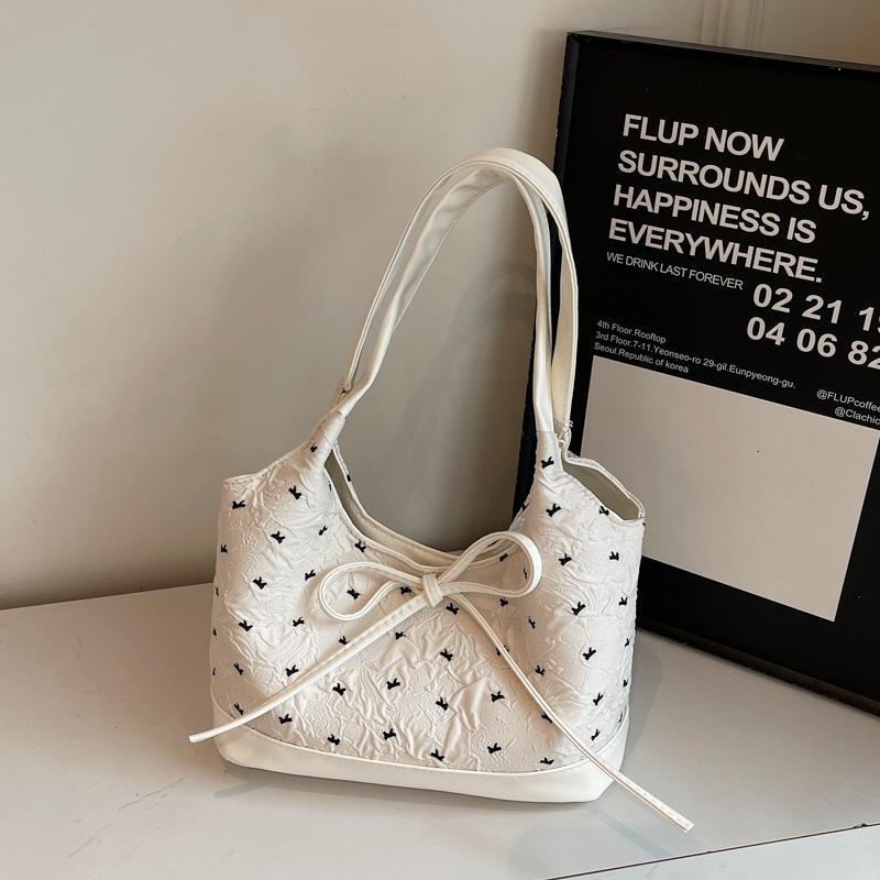 Black White Contrast Color Bow Print Tote Shoulder Bag For Women Casual Underarm Bag With Bow Tie Detail And Top Handle