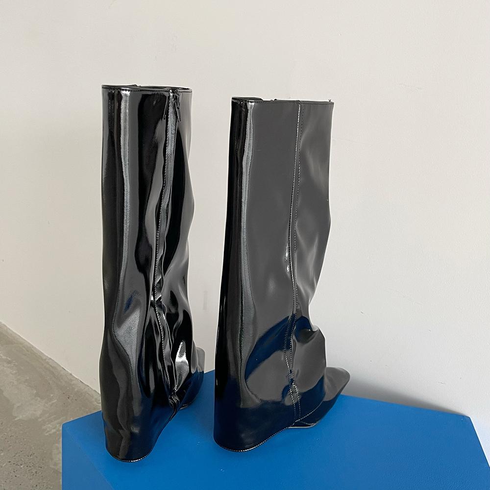 fashion Pointed Toe Women Winter Boots 2024 New Arrivals Knee High Boots Western Botas Black Patent Leather Side Zipper Knight Boots 39