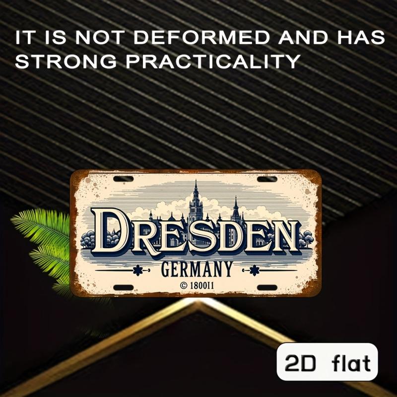 HD Aluminum Metal Sign Dresden Germany Vintage License Plate Style Wall Decor Retro European City Skyline Distressed Design Ti