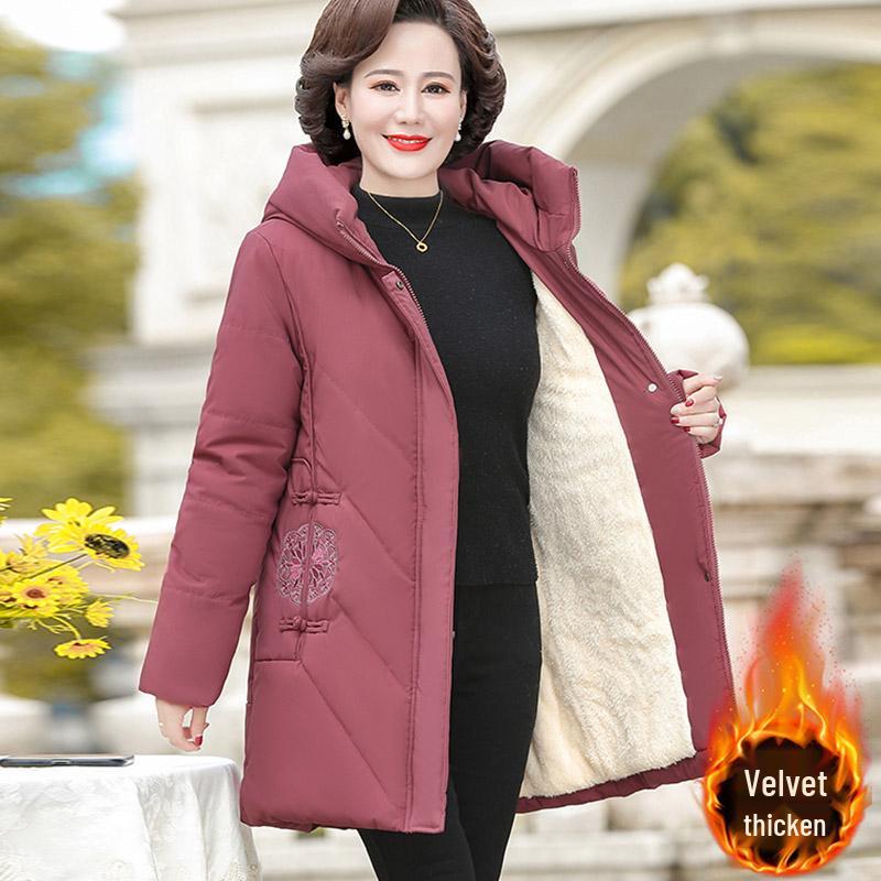 Red Mid-Length Winter Jacket for Middle-Aged and Elderly Women - Thick, Cotton-Padded, Suitable for Spring and Autumn