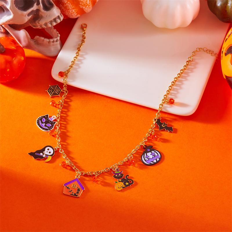 

Gothic Punk Halloween Metal Chain Necklace For Women Men Vintage Black Spider Bat Pumpkin Ghost Clavicle Choker Festival Zircon