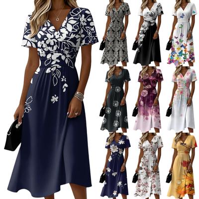Damen-Kleid mit Blumenmuster, lässig und modisch, kurzärmelig, V-Ausschnitt