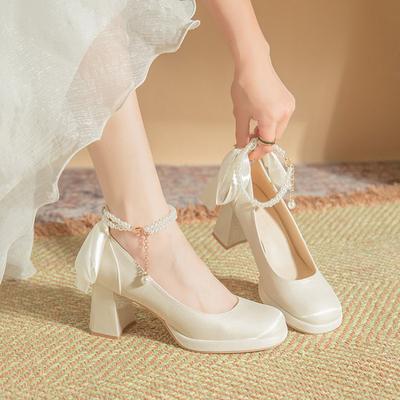 High Heels, Small Leather Shoes, Women'S White Wedding Shoes, Leather Shoes, Retro Thick Heels, Thick Soles, Increased Height, Mary Jane