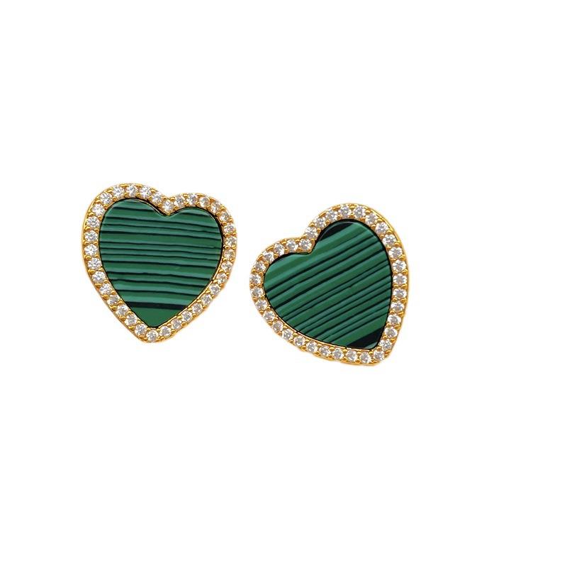 Retro Malachite Heart Diamond Stud Earrings - Exquisite Design & Unique Style