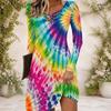 Women Criss Cross V Neck Long Sleeve Multicolor Printed Fitted Curved Hem Dress