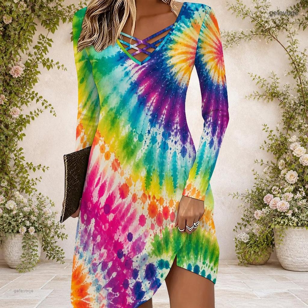 Women Criss Cross V Neck Long Sleeve Multicolor Printed Fitted Curved Hem Dress