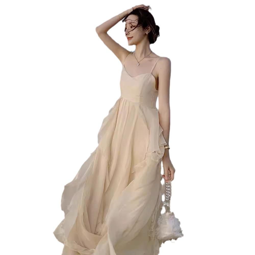 Sanya Women's Fairy Beach Dress - Summer French Strappy Seaside Vacation Long Dress